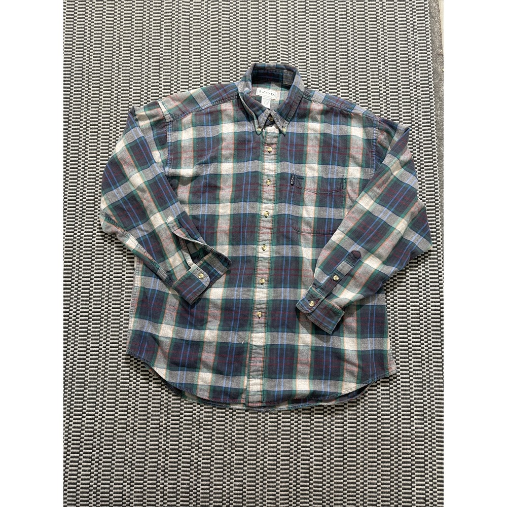 Vintage IZOD Windowpane Flannel Button Up Shirt Mens Size Large all cotton